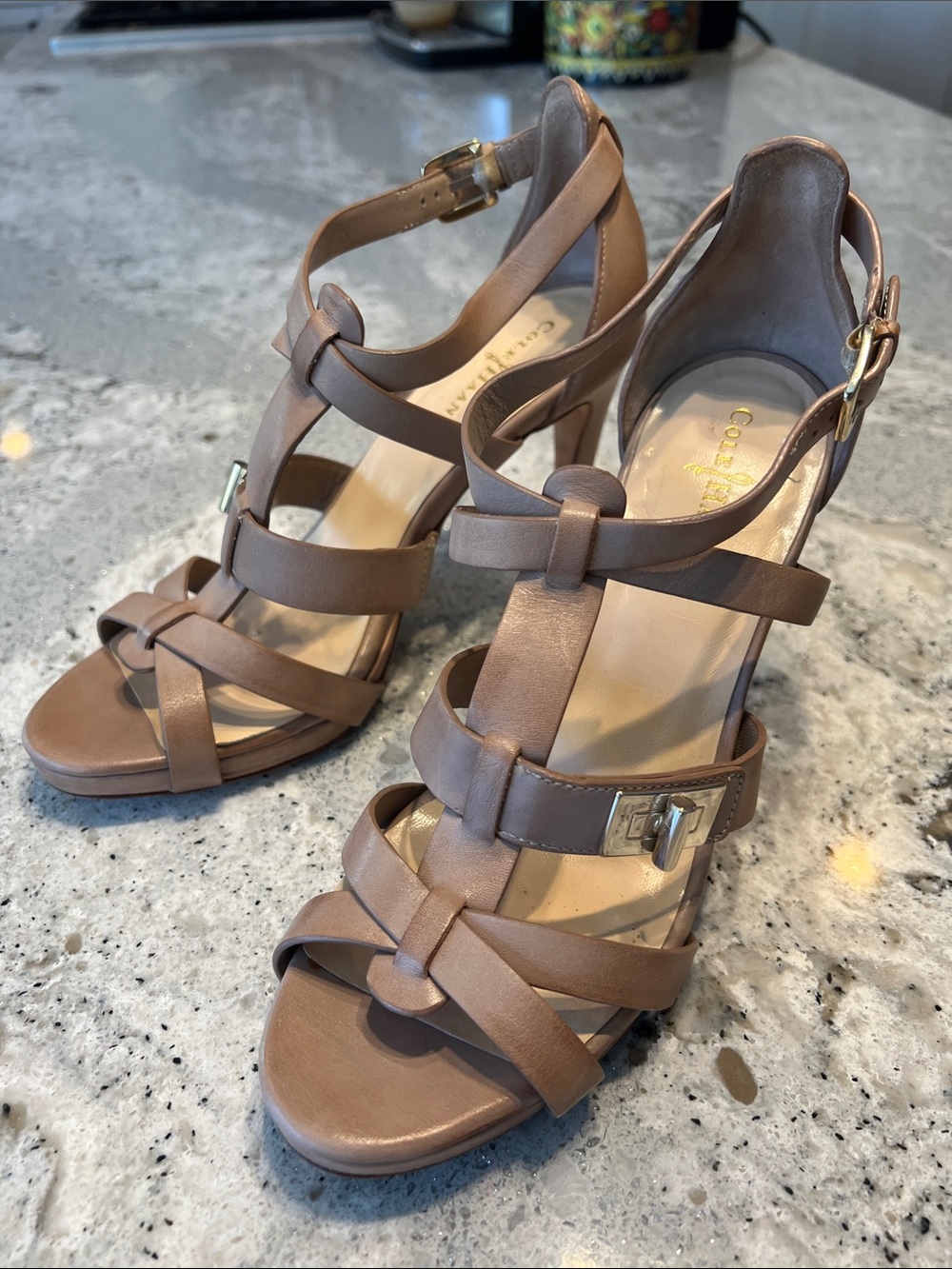 Cole Haan Nike Air Nude Beige Strappy Buckle Heels Stiletto Sandals Size 7 EUC - Picture 11 of 11